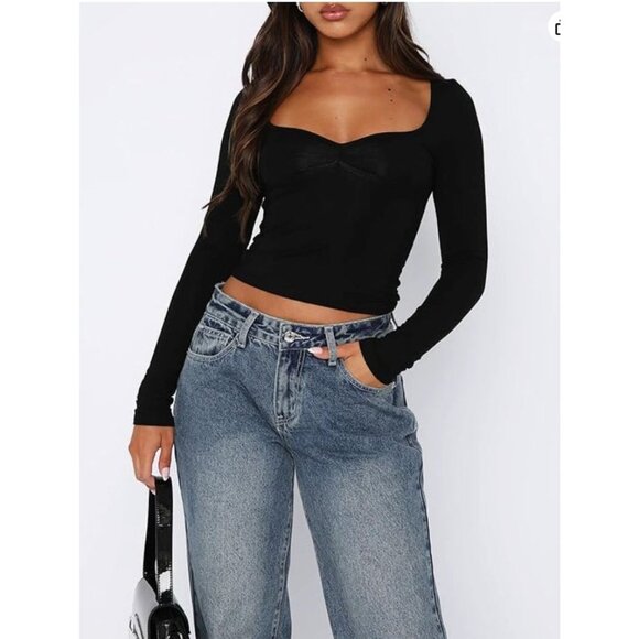 ForeFair Tops - Women's Sexy Long Sleeve Going Out Tops Pleated Bustier Shirt Cute Sweetheart -M